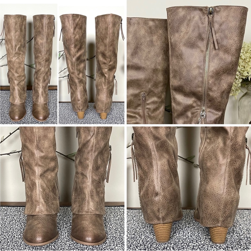 Not Rated Sassy Classy Zipper Lace Inset Distressed Faux Leather Knee-High Boots - Picture 15 of 16